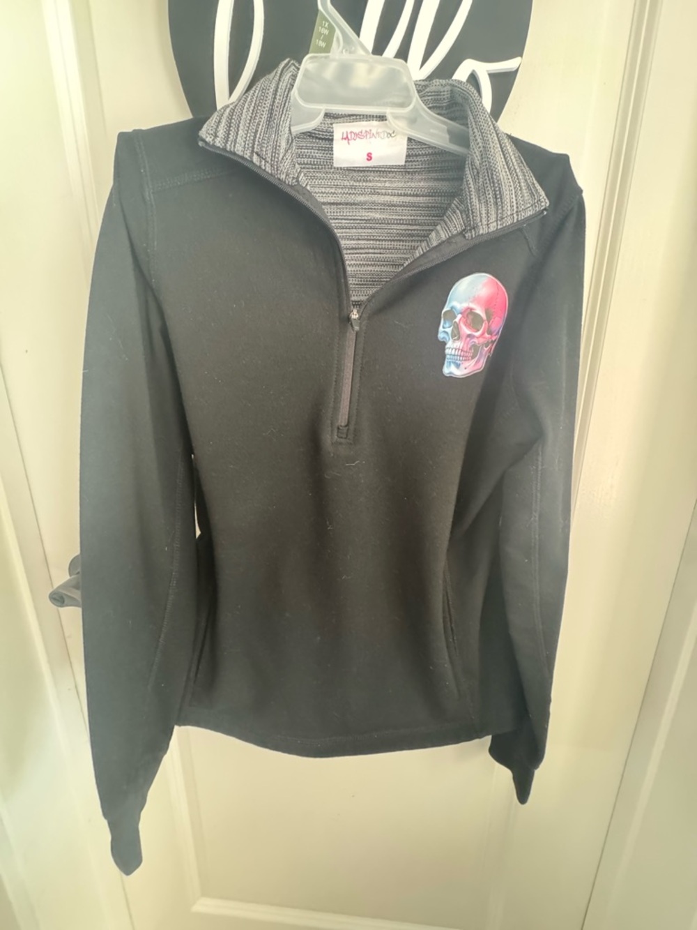 LadySpineDoc Black Women's Quarter-Zip Hoodie with Skull & Spine Graphic- Size S